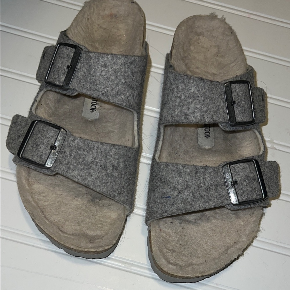 Birkenstocks Gray Double Strap Sherpa Sandals